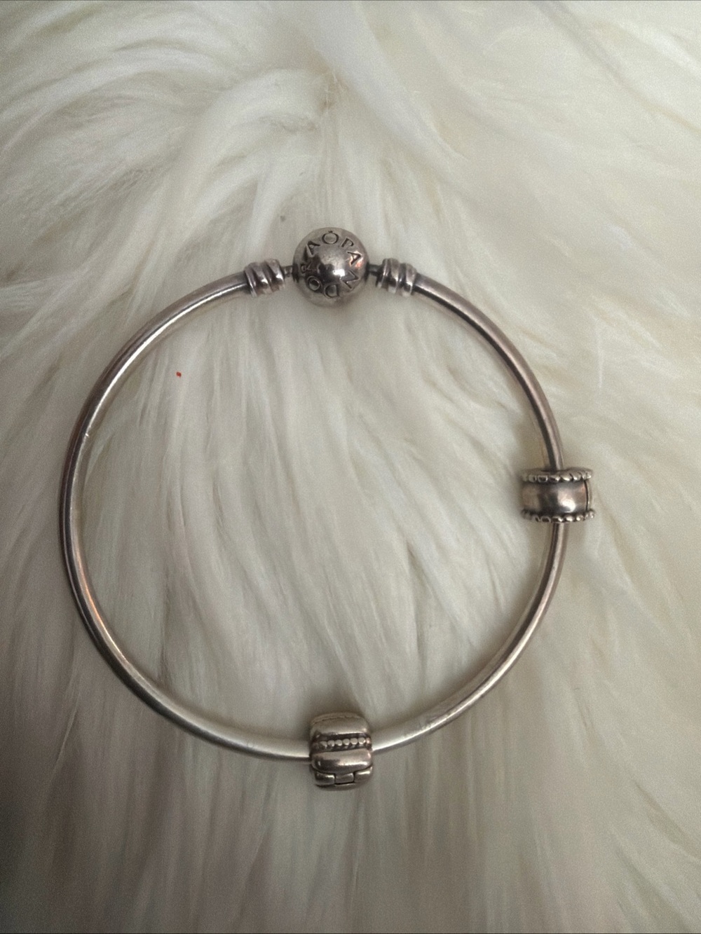 Pandora Silver Tone Bangle Bracelet with Two Bead Charms